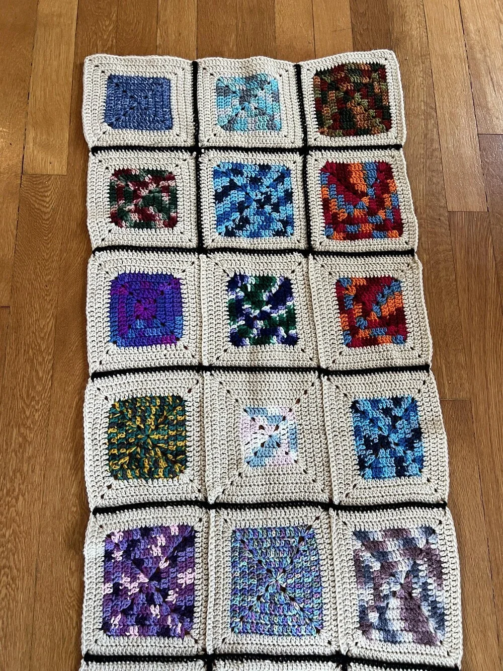 Handmade Crochet Granny Square Afghan Blanket Lap Throw Multicolor Beige Boho